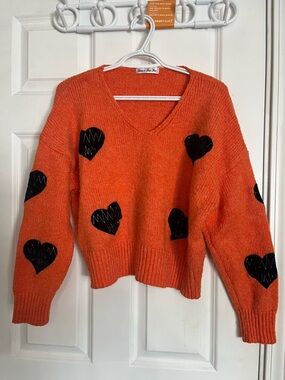 Vibrant Orange Heart-Appliqué V-Neck Sweater - Women